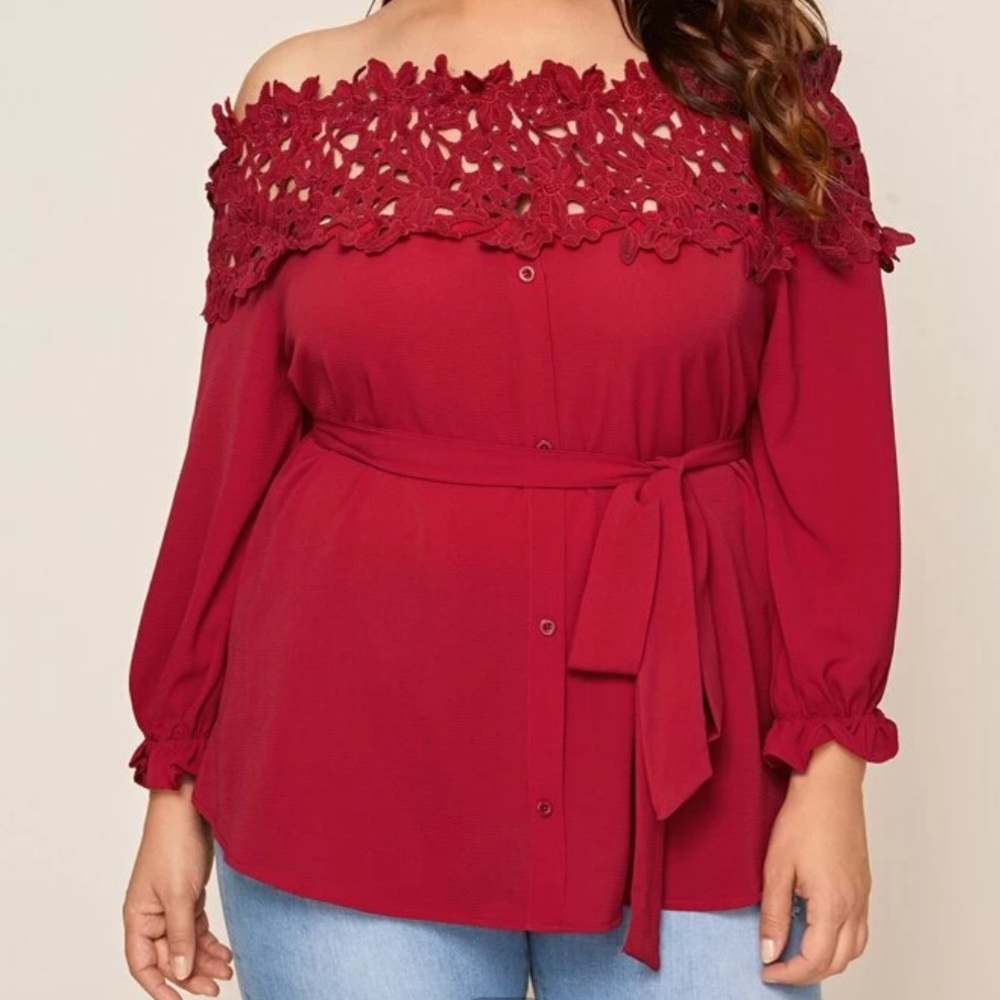 Plus Ruffle Cuff Guipure Lace Bardot Blouse W Belt
